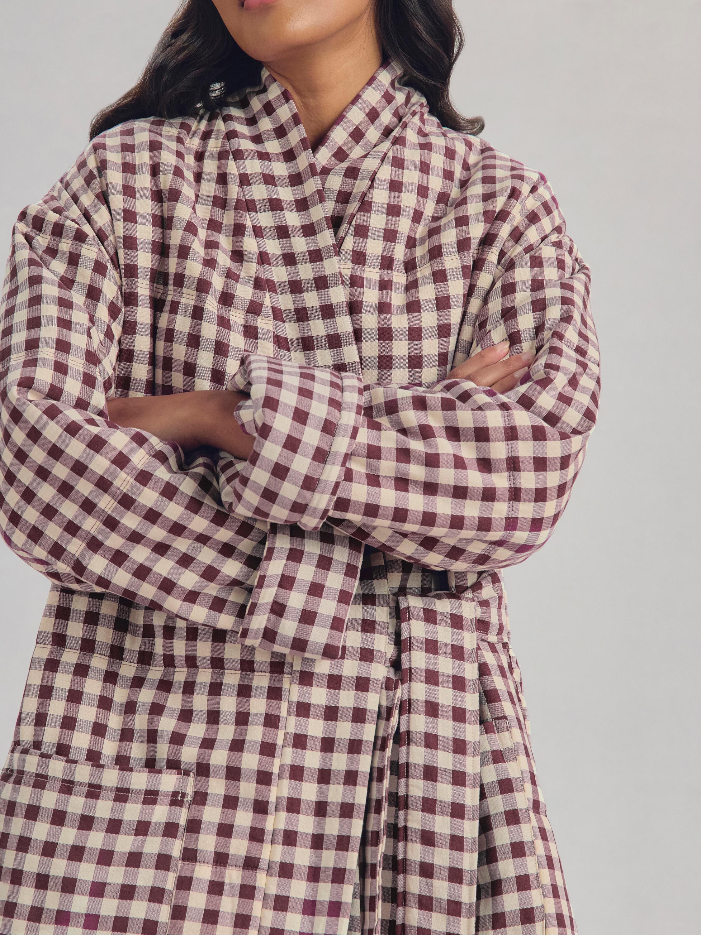 Berry Gingham Linen Blend Housecoat - Image 3