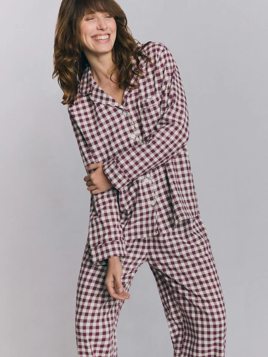 Berry Gingham Linen Blend Pajama Pants Set - Image 3