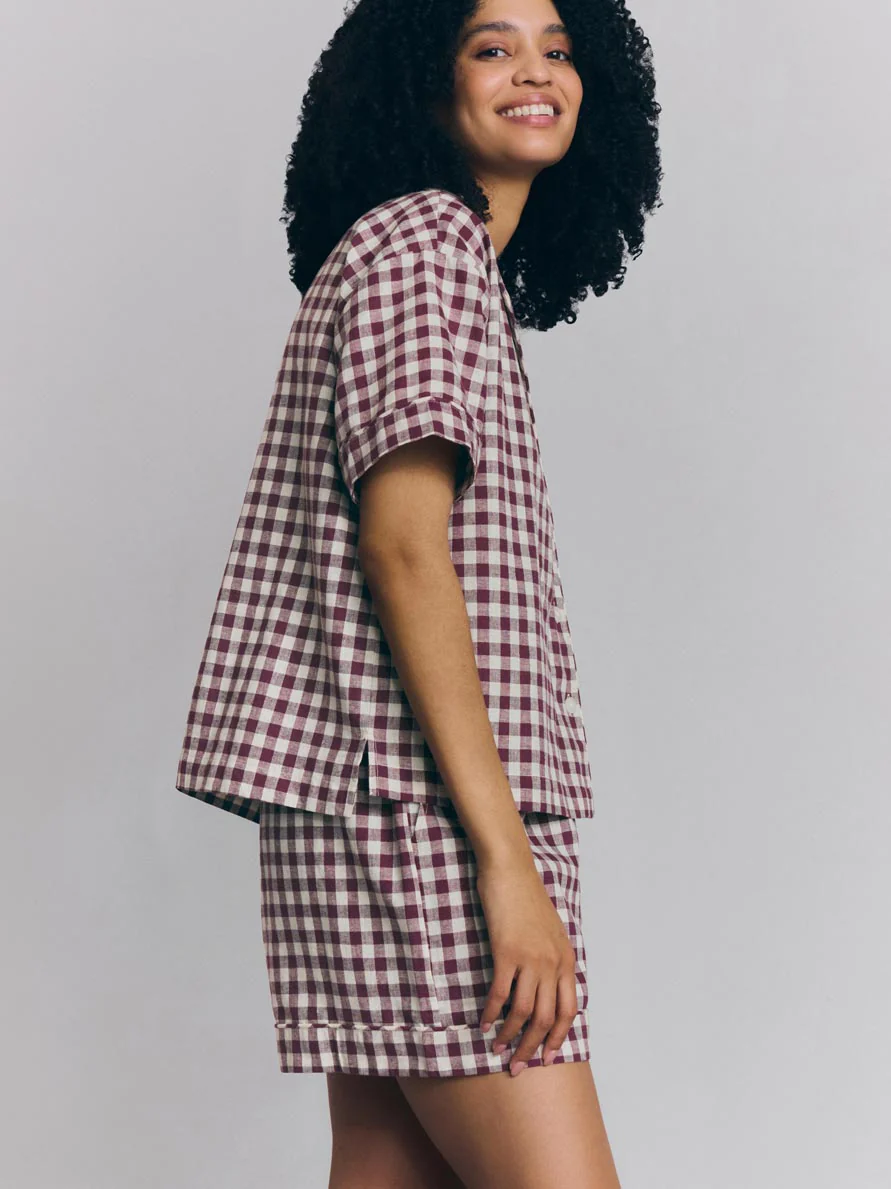 Berry Gingham Linen Blend Pajama Short Set - Image 3