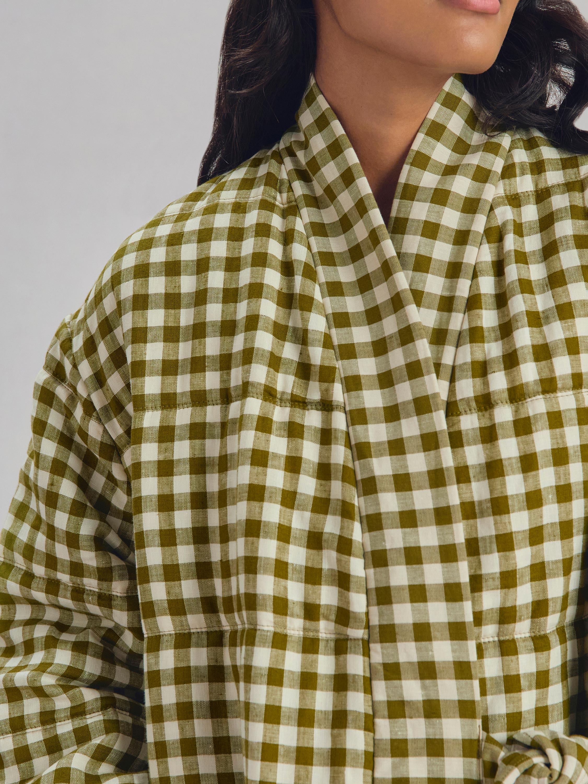 Botanical Green Gingham Linen Blend Housecoat - Image 2