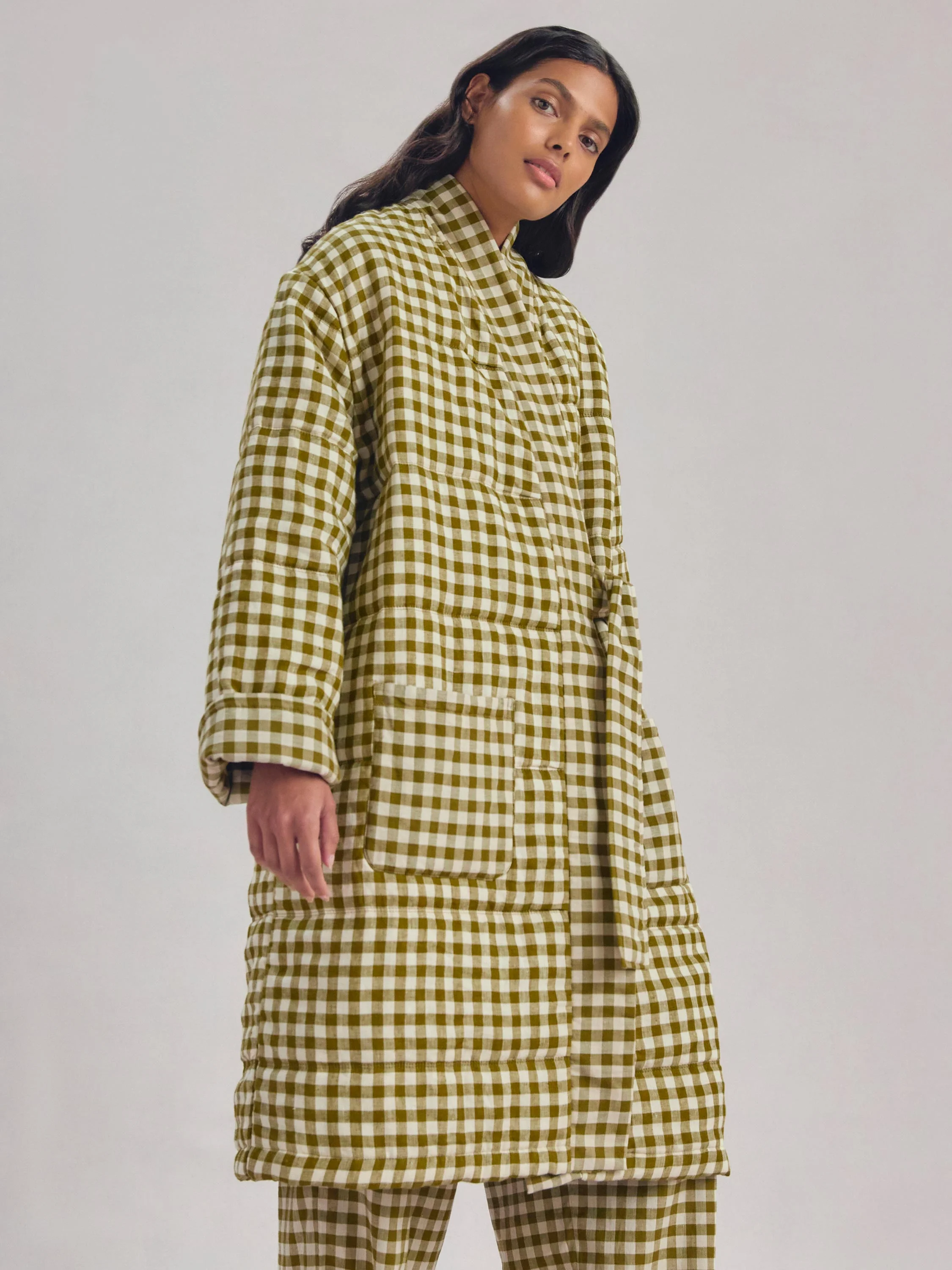 Botanical Green Gingham Linen Blend Housecoat - Image 3