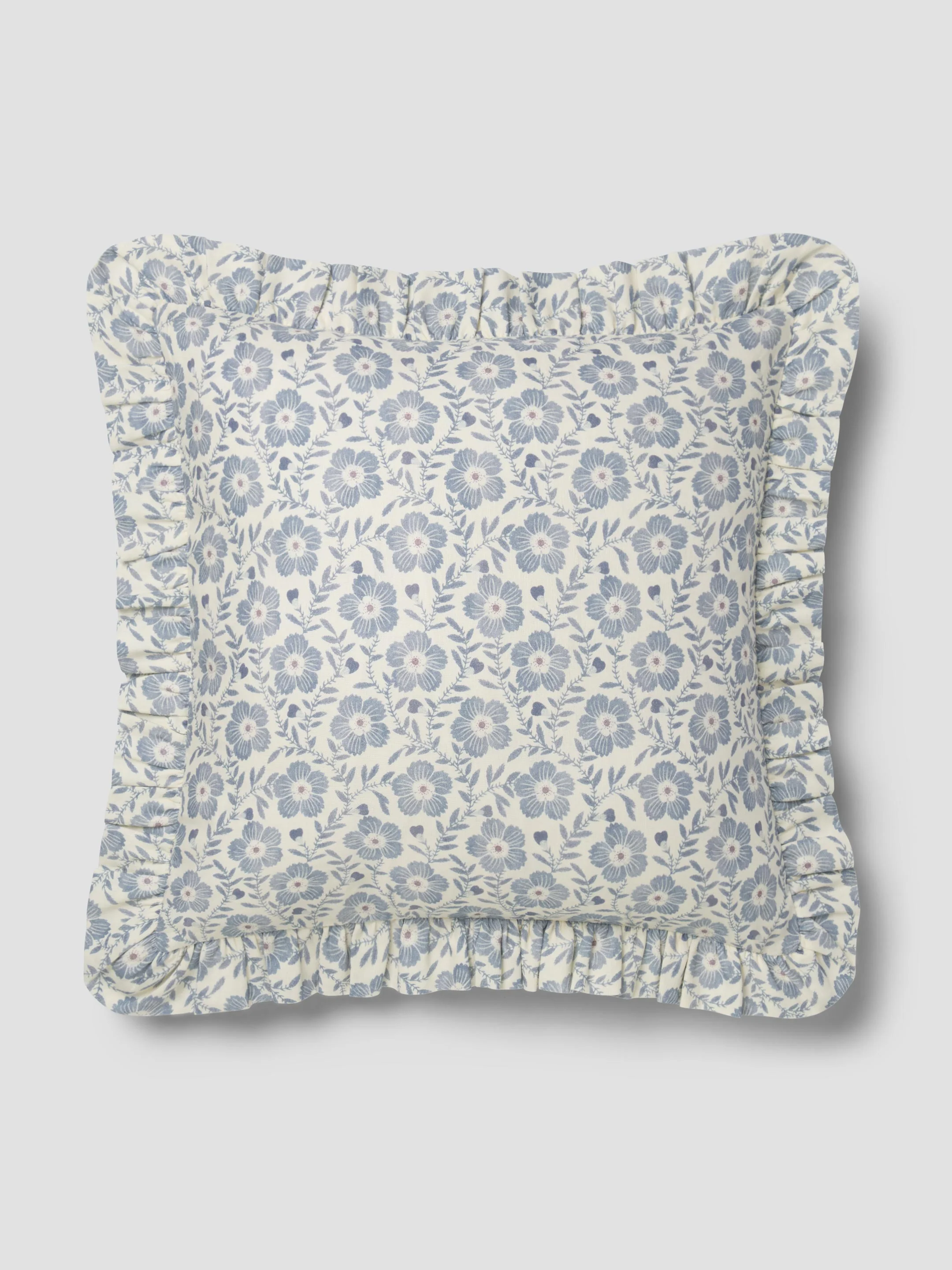 Dusk Blue Folk Floral Frill Linen Blend Filled Cushion - Image 2