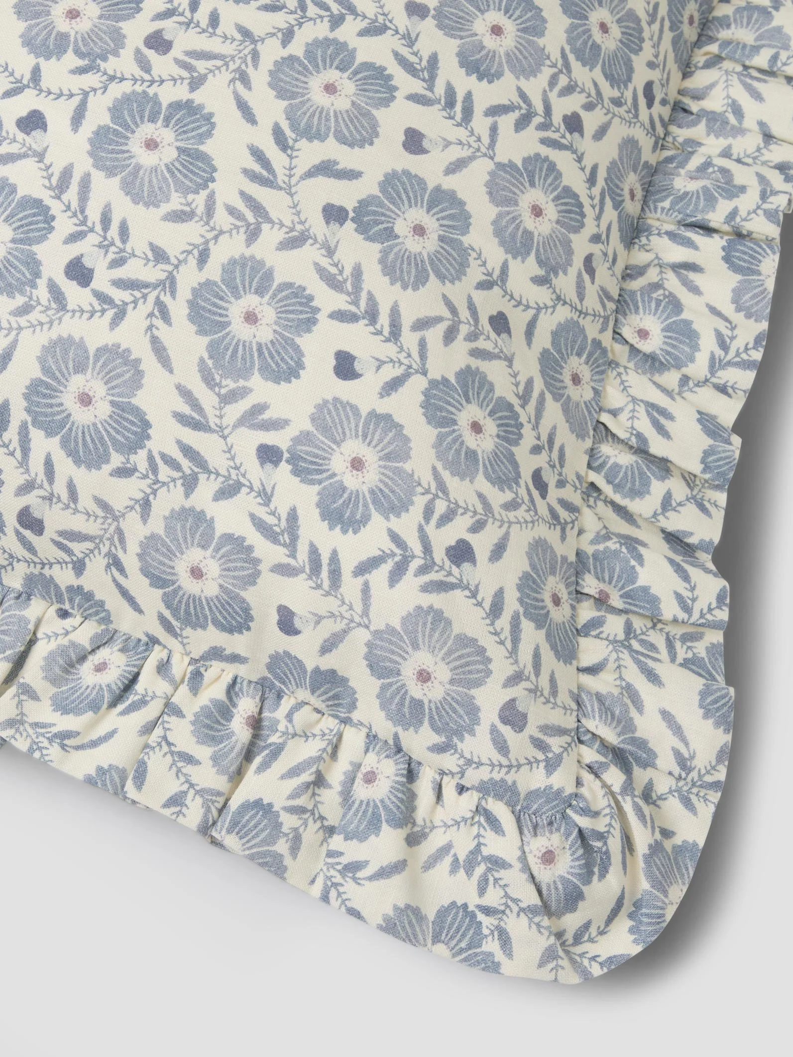 Dusk Blue Folk Floral Frill Linen Blend Filled Cushion - Image 3