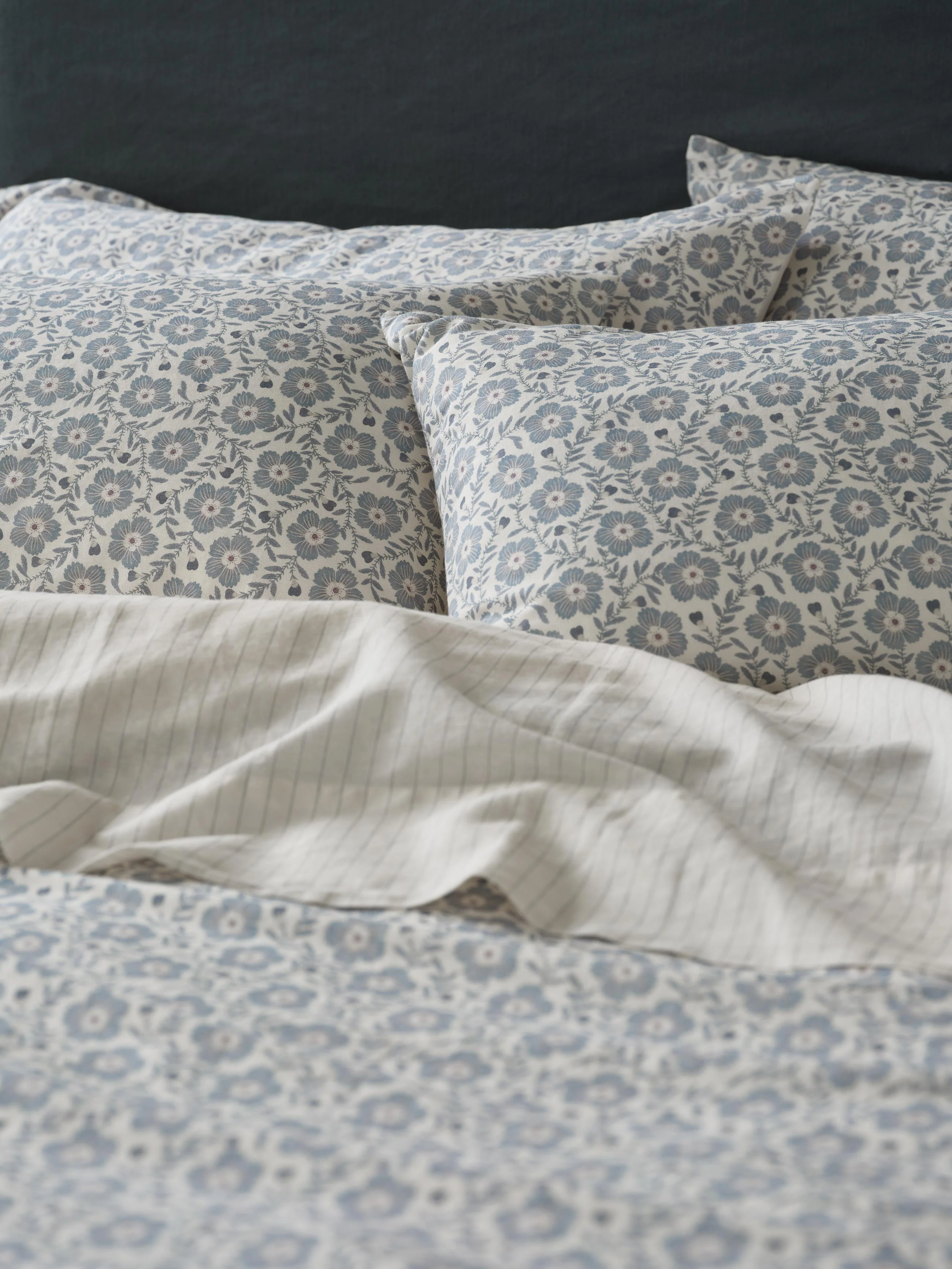 Dusk Blue Folk Floral Linen Blend Pillowcases (Pair)