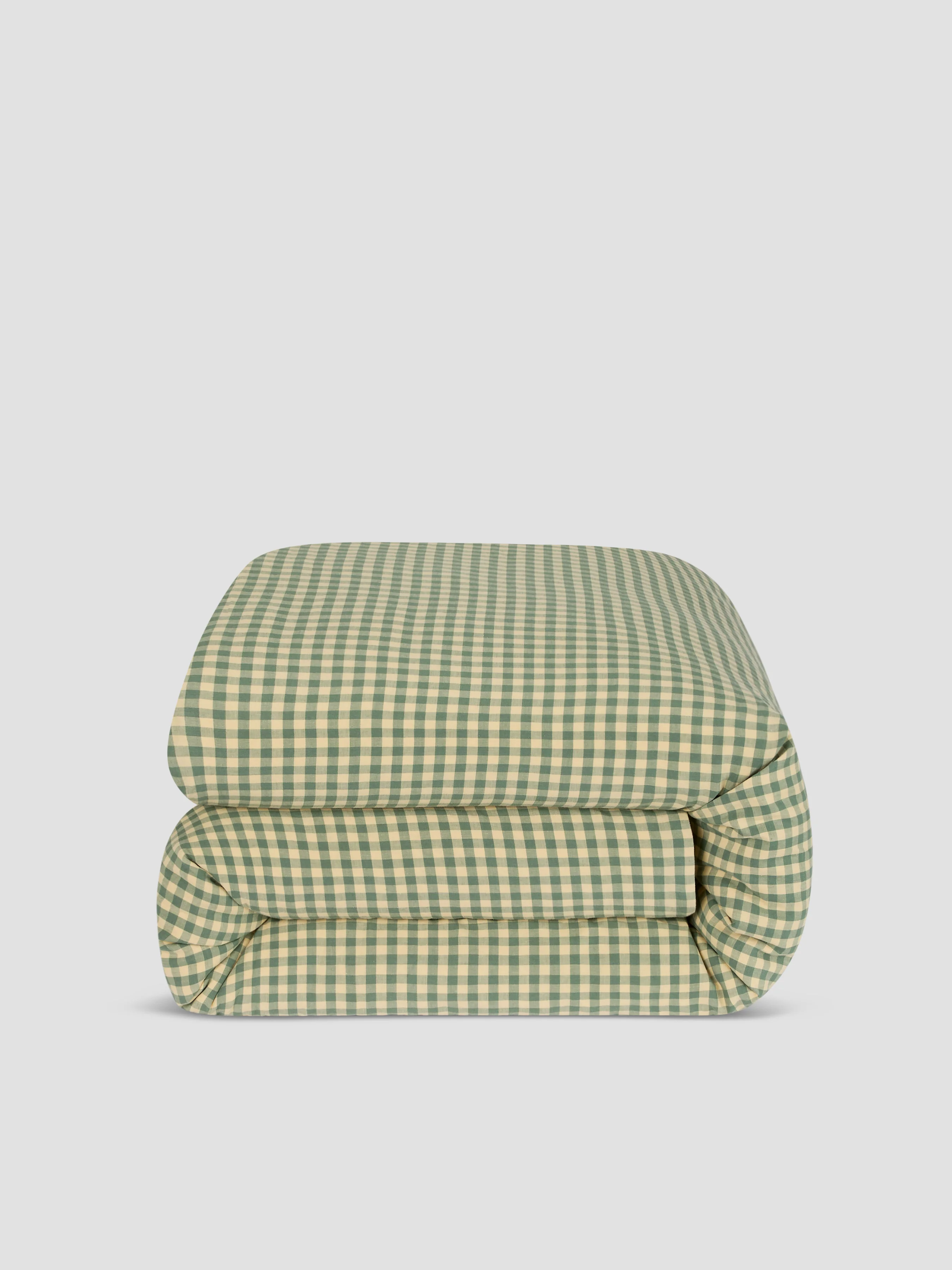 Elm Green & Butter Yellow Color Drenched Gingham Linen Blend Duvet Cover - Image 3
