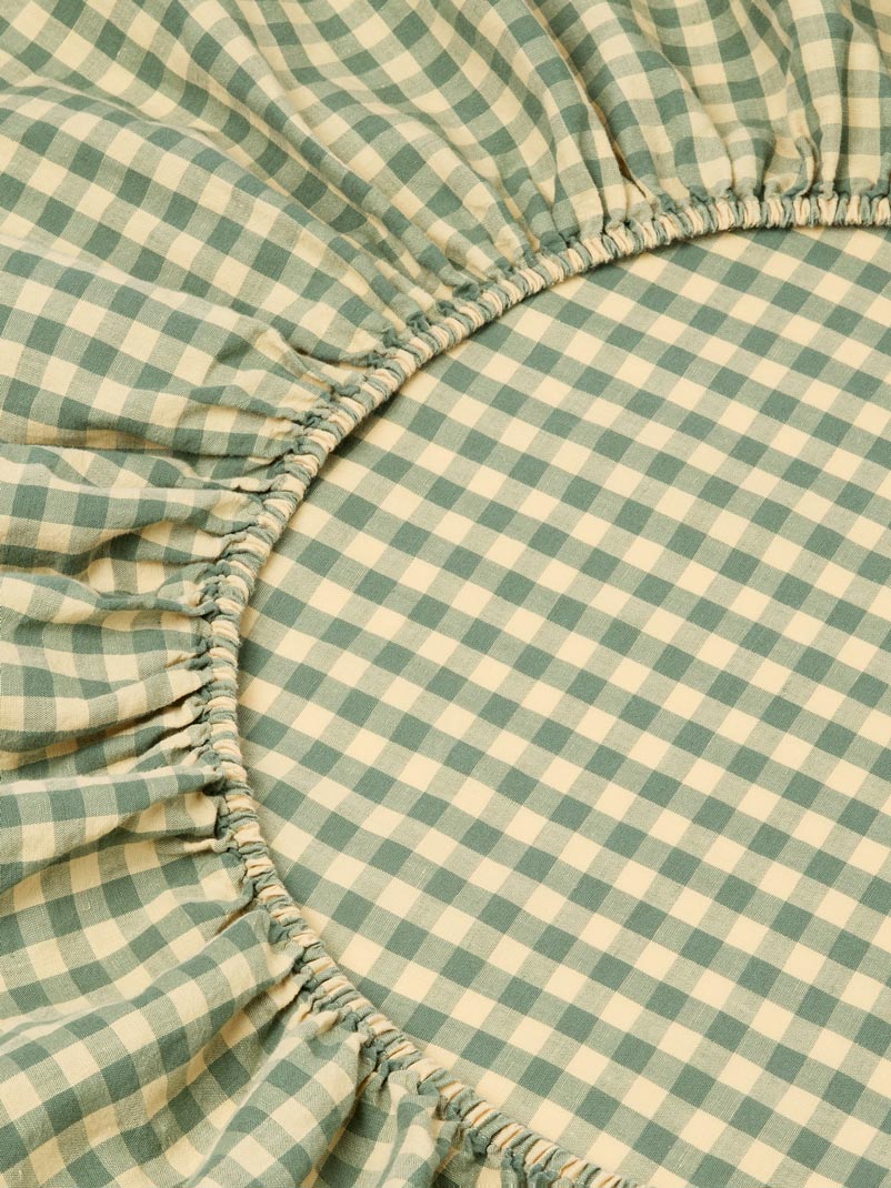 Elm Green & Butter Yellow Color Drenched Gingham Linen Blend Fitted Sheet - Image 3