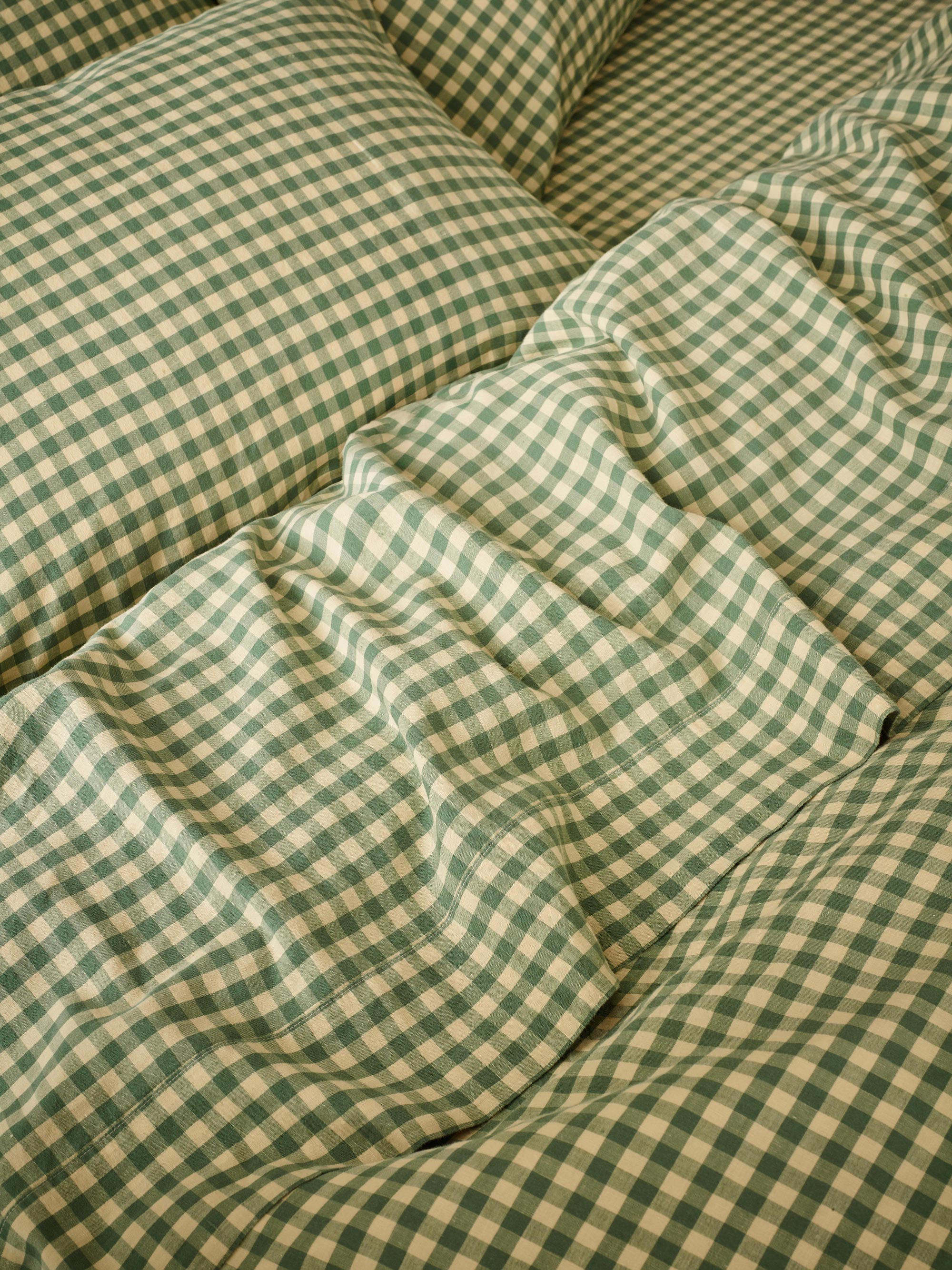 Elm Green & Butter Yellow Color Drenched Gingham Linen Blend Flat Sheet