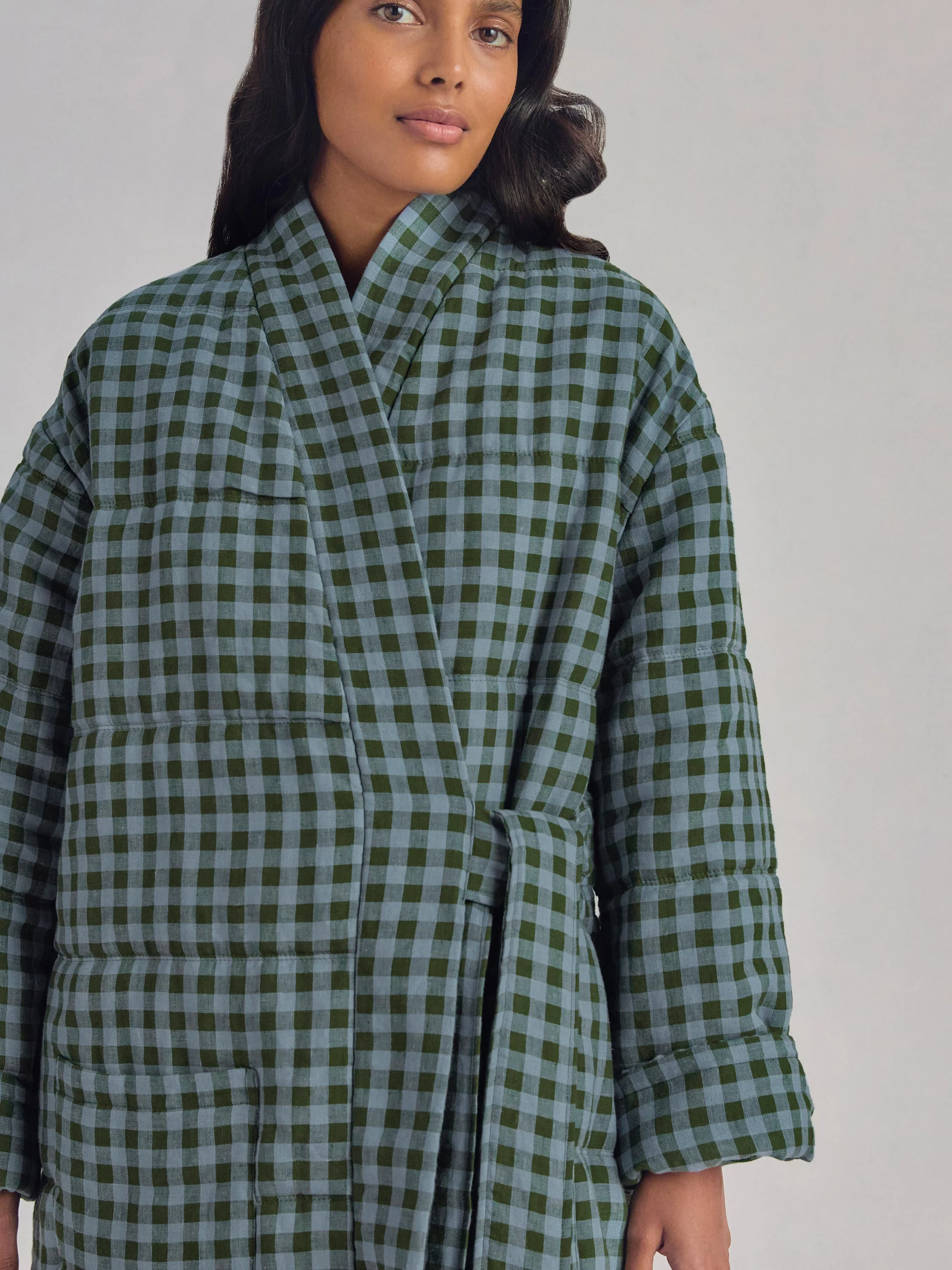Fern Green & Dusk Blue Color Drenched Gingham Linen Blend Housecoat - Image 2