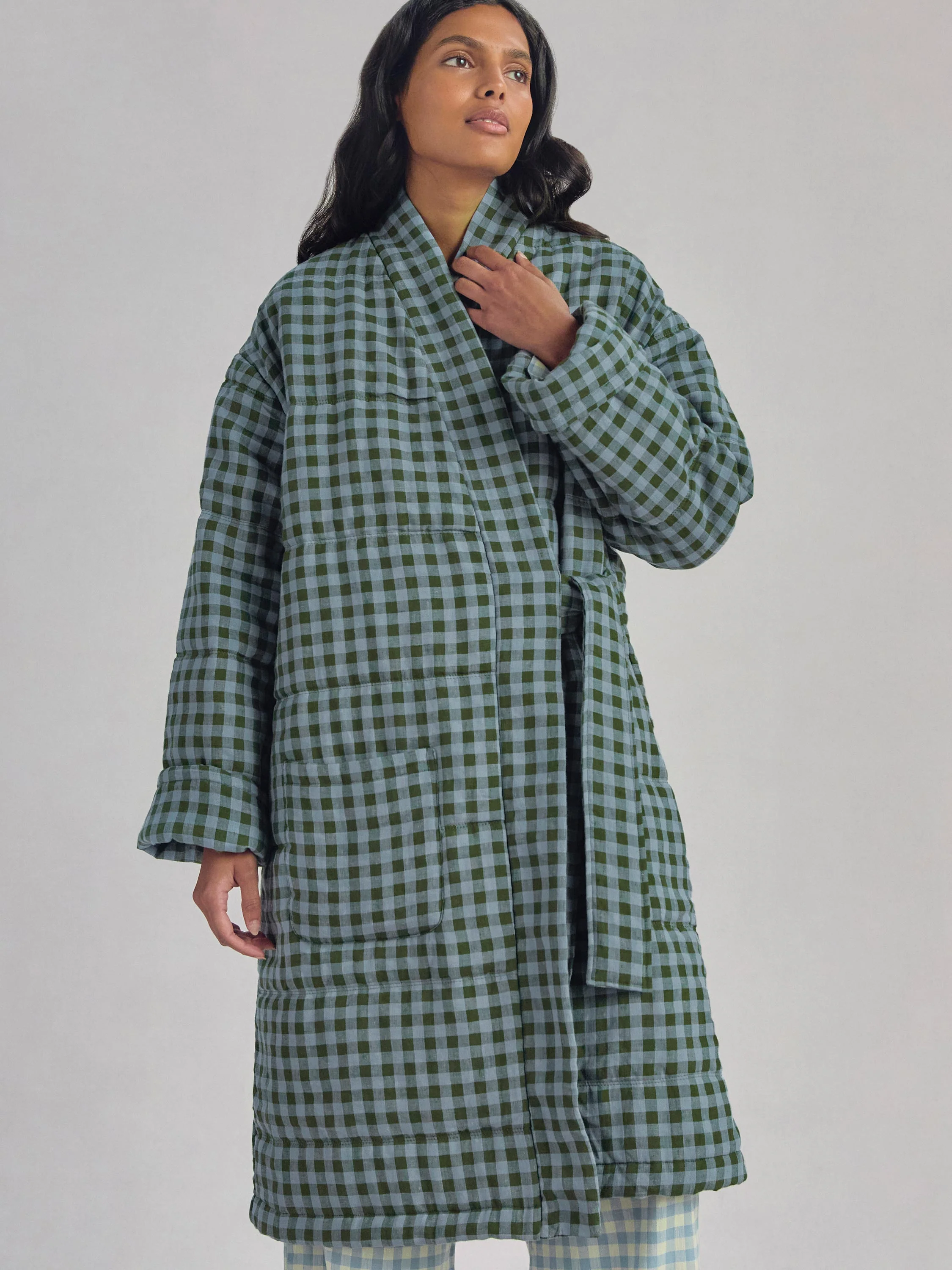Fern Green & Dusk Blue Color Drenched Gingham Linen Blend Housecoat - Image 3
