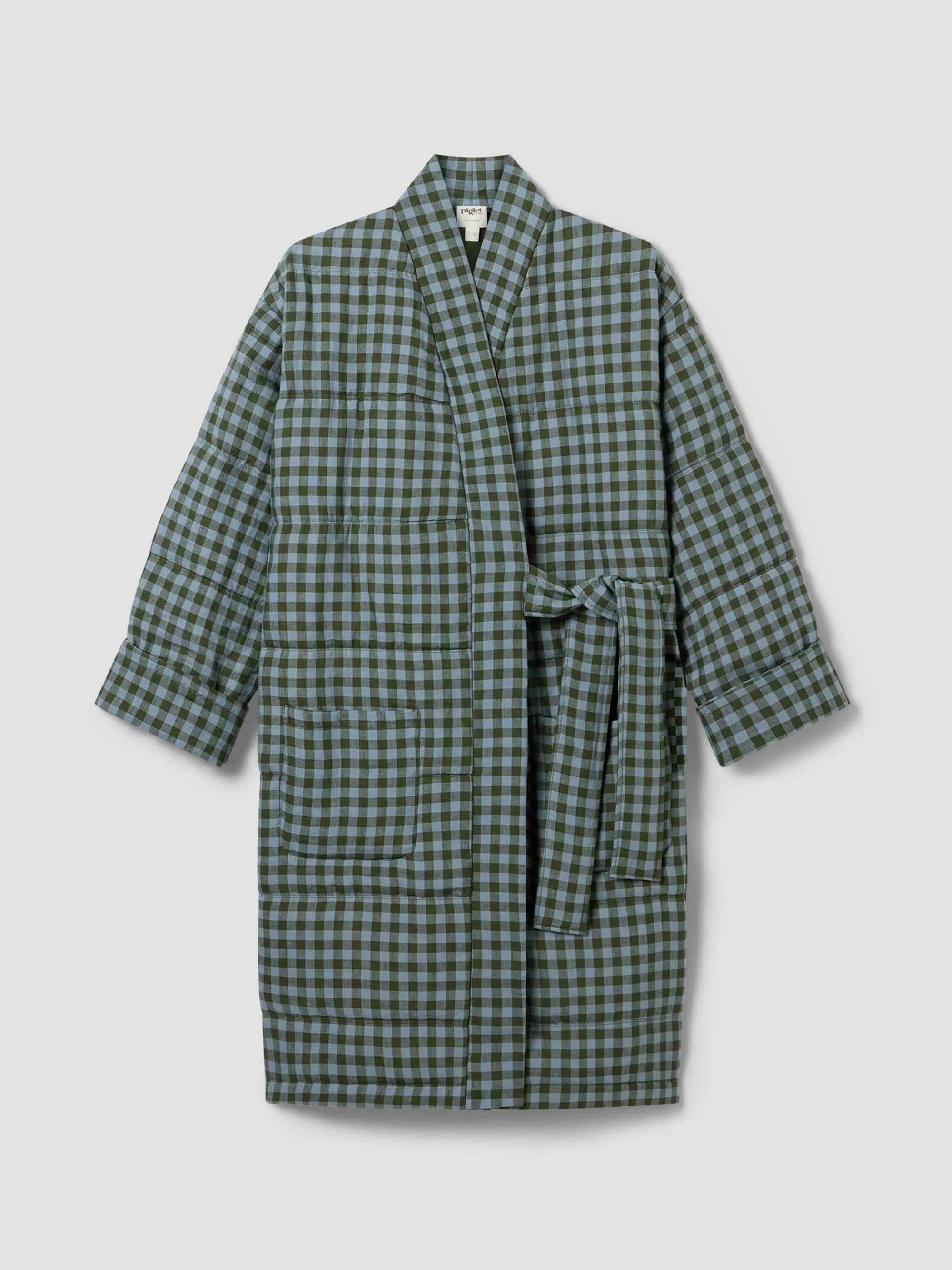 Fern Green & Dusk Blue Color Drenched Gingham Linen Blend Housecoat - Image 4