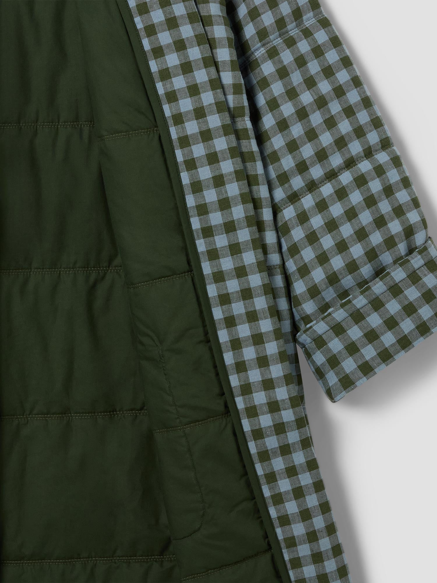 Fern Green & Dusk Blue Color Drenched Gingham Linen Blend Housecoat - Image 5