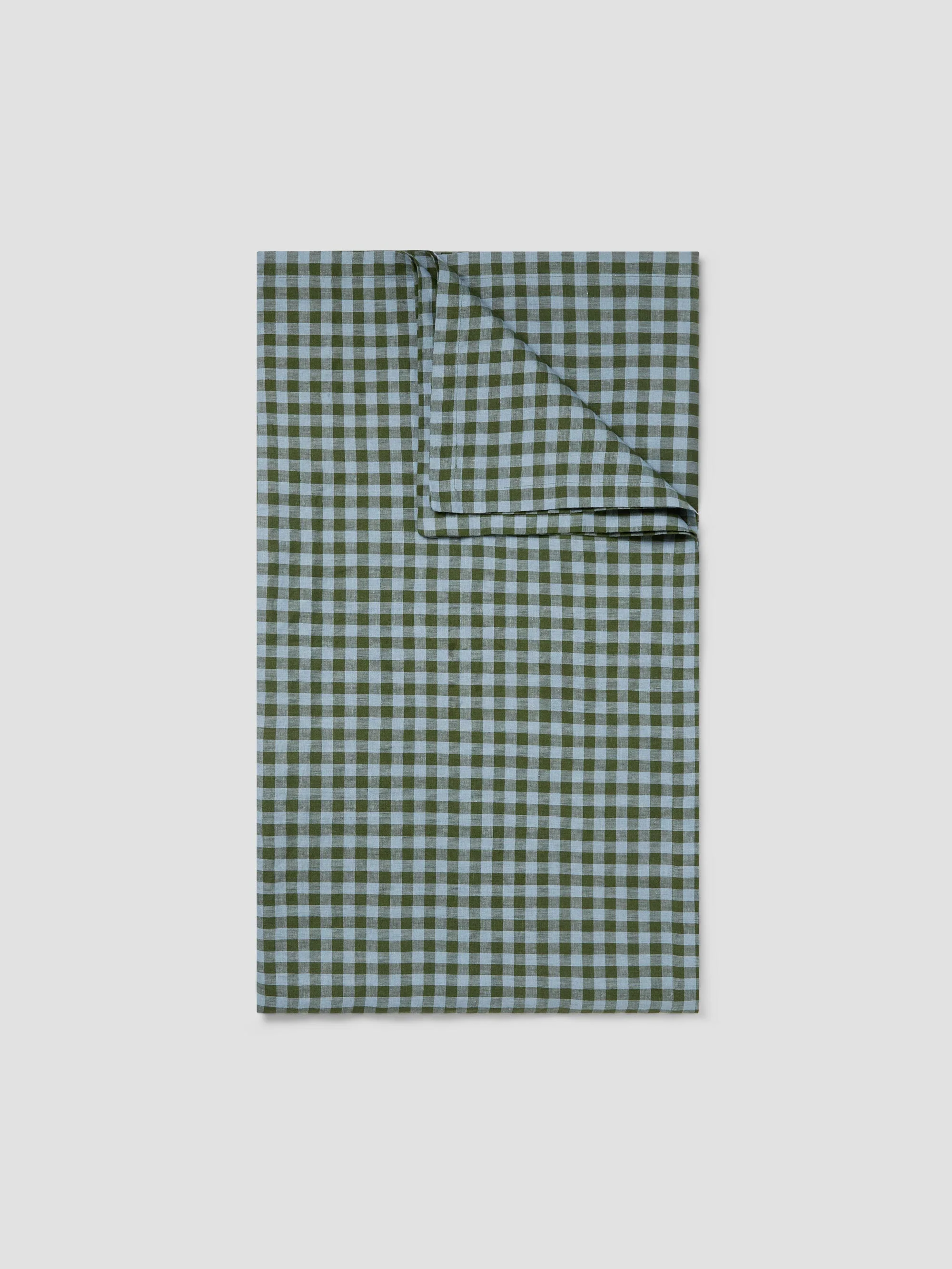 Fern Green & Dusk Blue Color Drenched Gingham Linen Blend Tablecloth - Image 3
