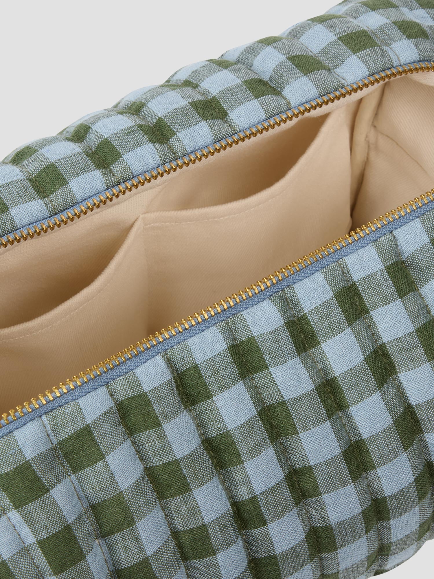 Fern Green & Dusk Blue Color Drenched Gingham Linen Blend Wash Bag - Image 2