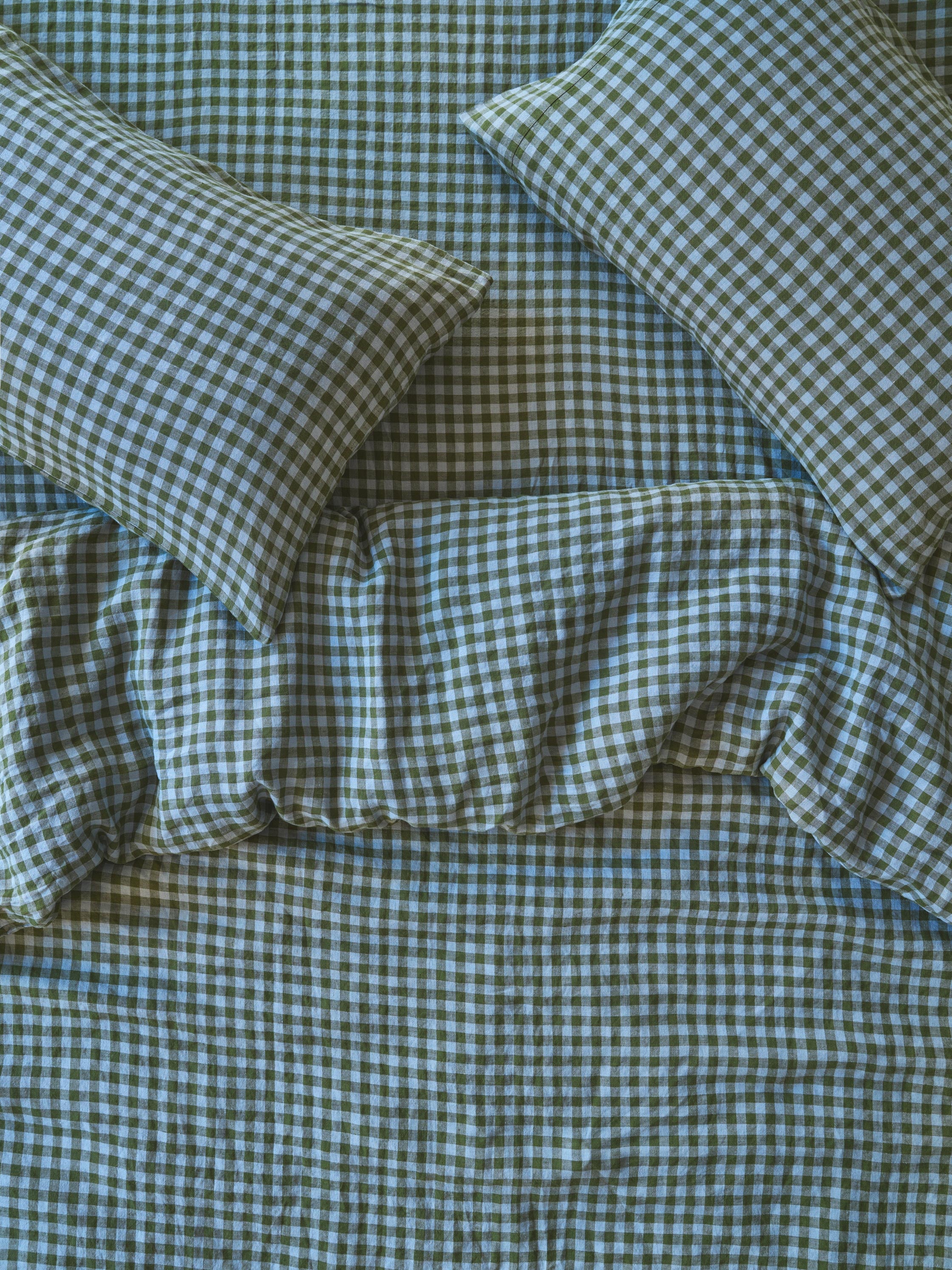 Fern Green & Dusk Blue Color Drenched Gingham 100% Linen Duvet Cover