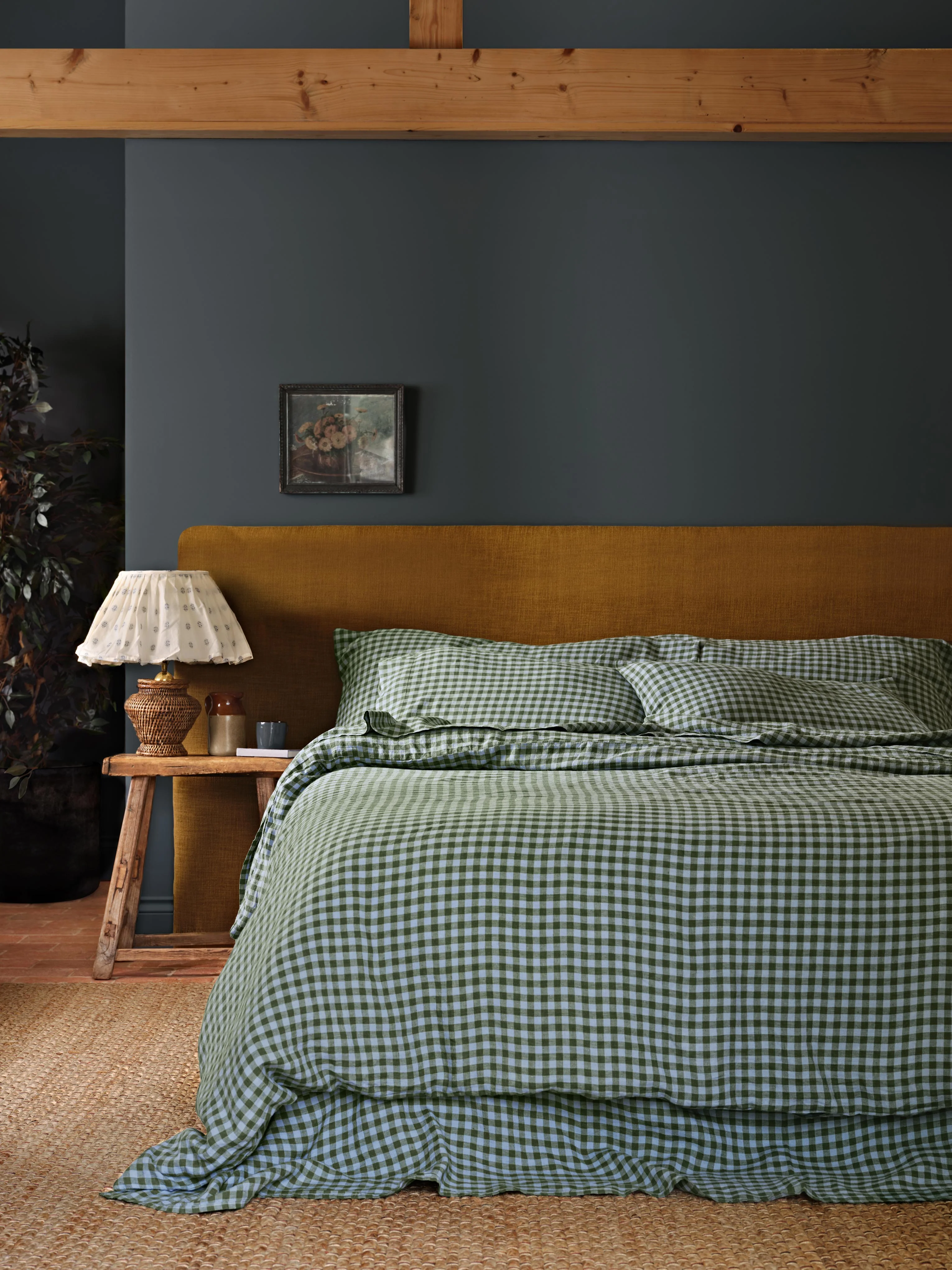 Fern Green & Dusk Blue Color Drenched Gingham 100% Linen Duvet Cover - Image 2