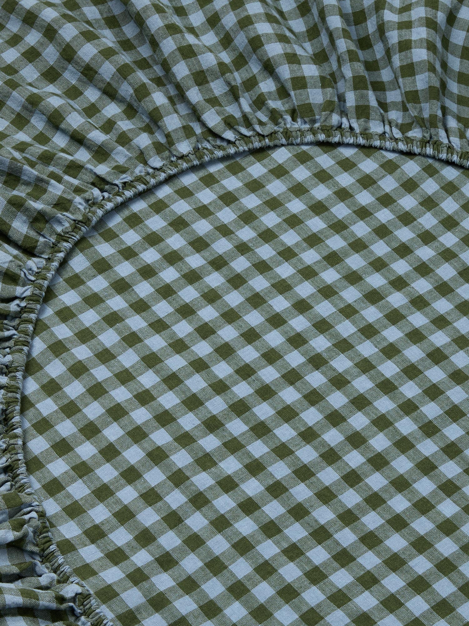 Fern Green & Dusk Blue Color Drenched Gingham 100% Linen Fitted Sheet - Image 2