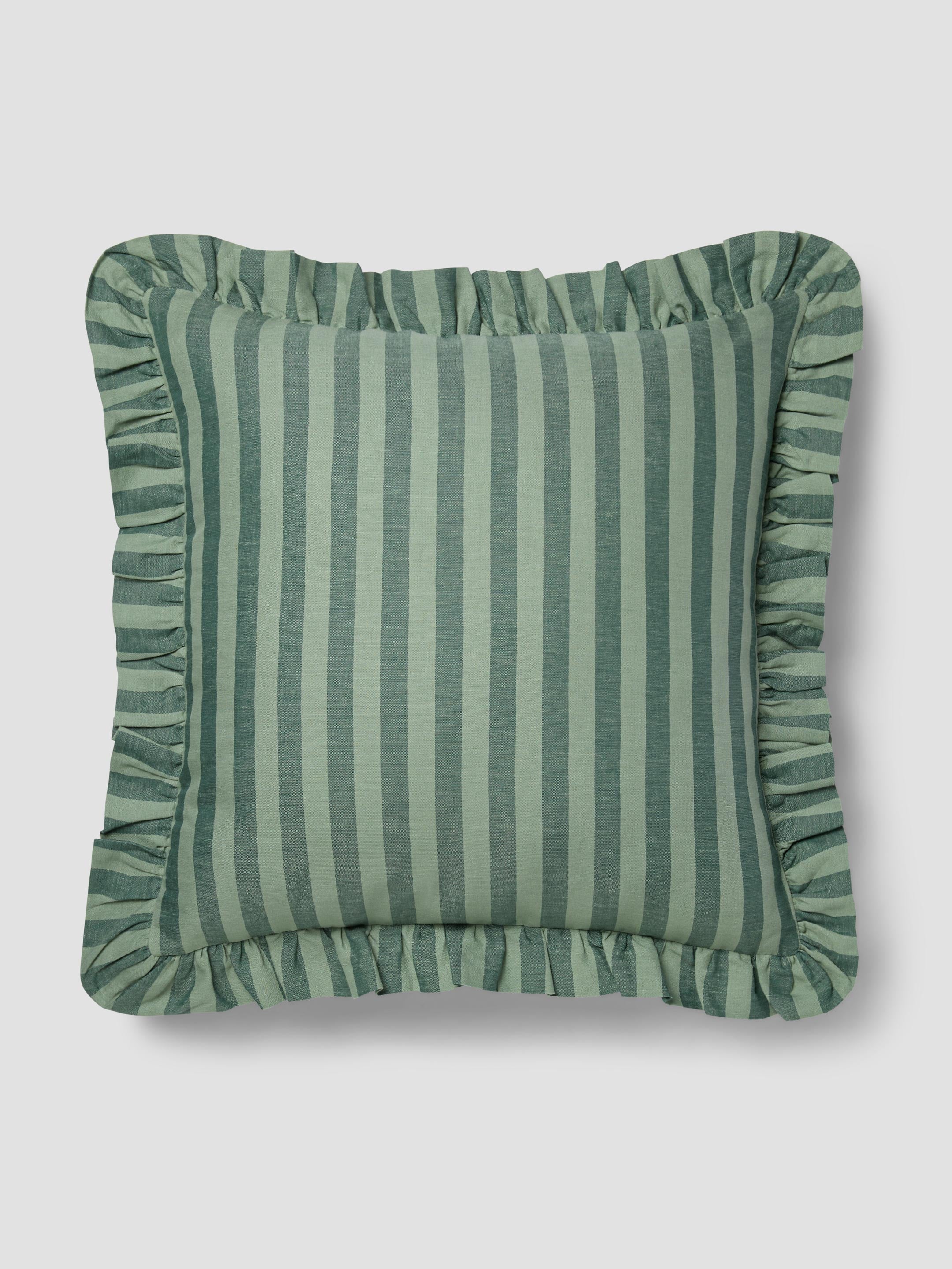 Pine Green Pembroke Stripe Frill Linen Blend Filled Cushion