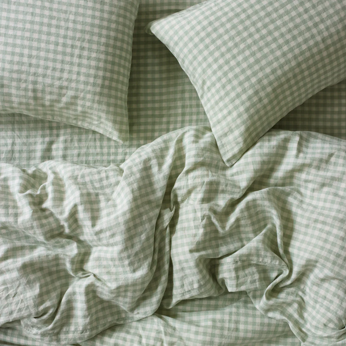 Sage Green Gingham Linen Blend Duvet Set - Image 2