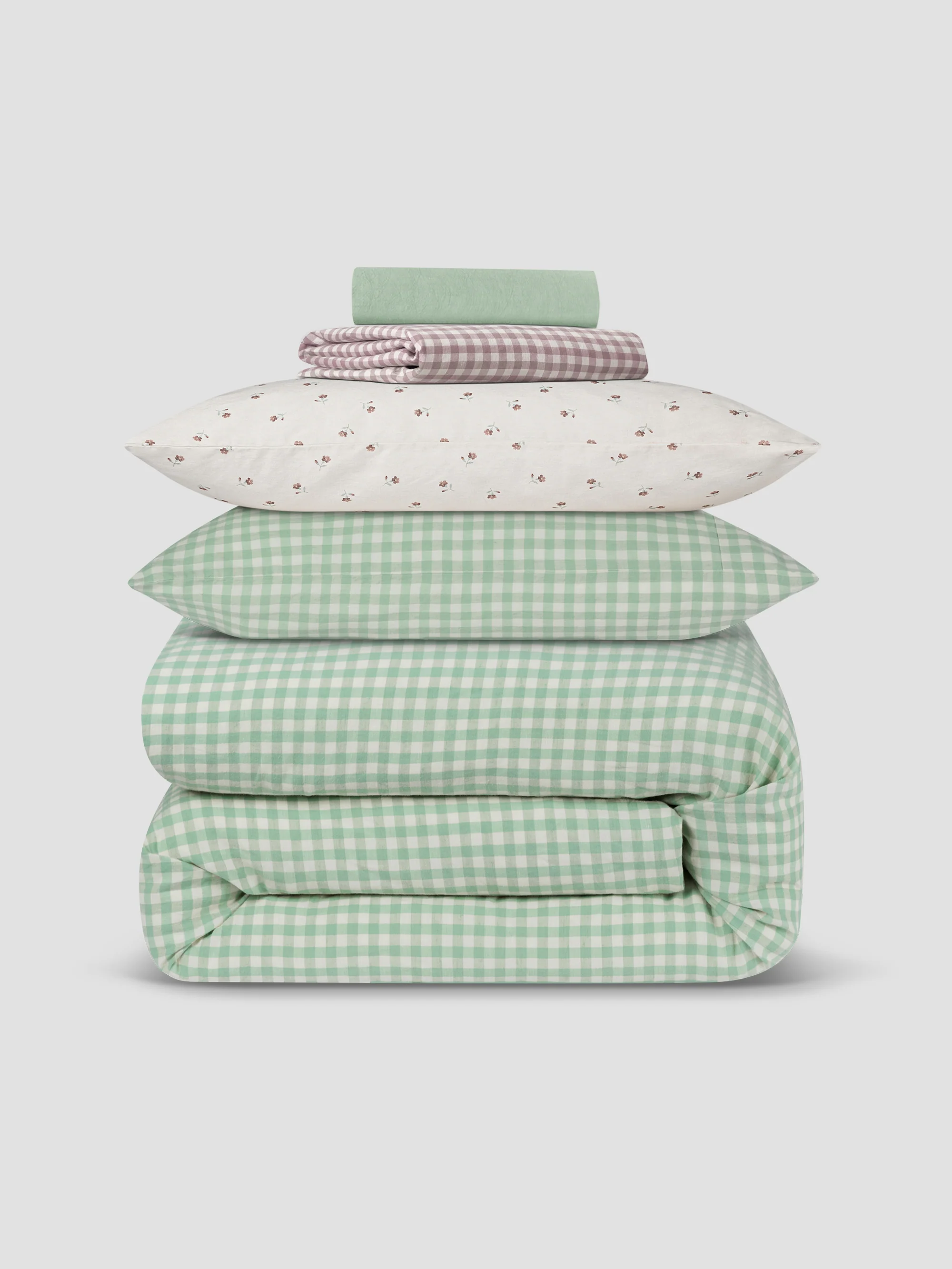 Sage Green Gingham & Posy Bud Linen Blend Bedding Set