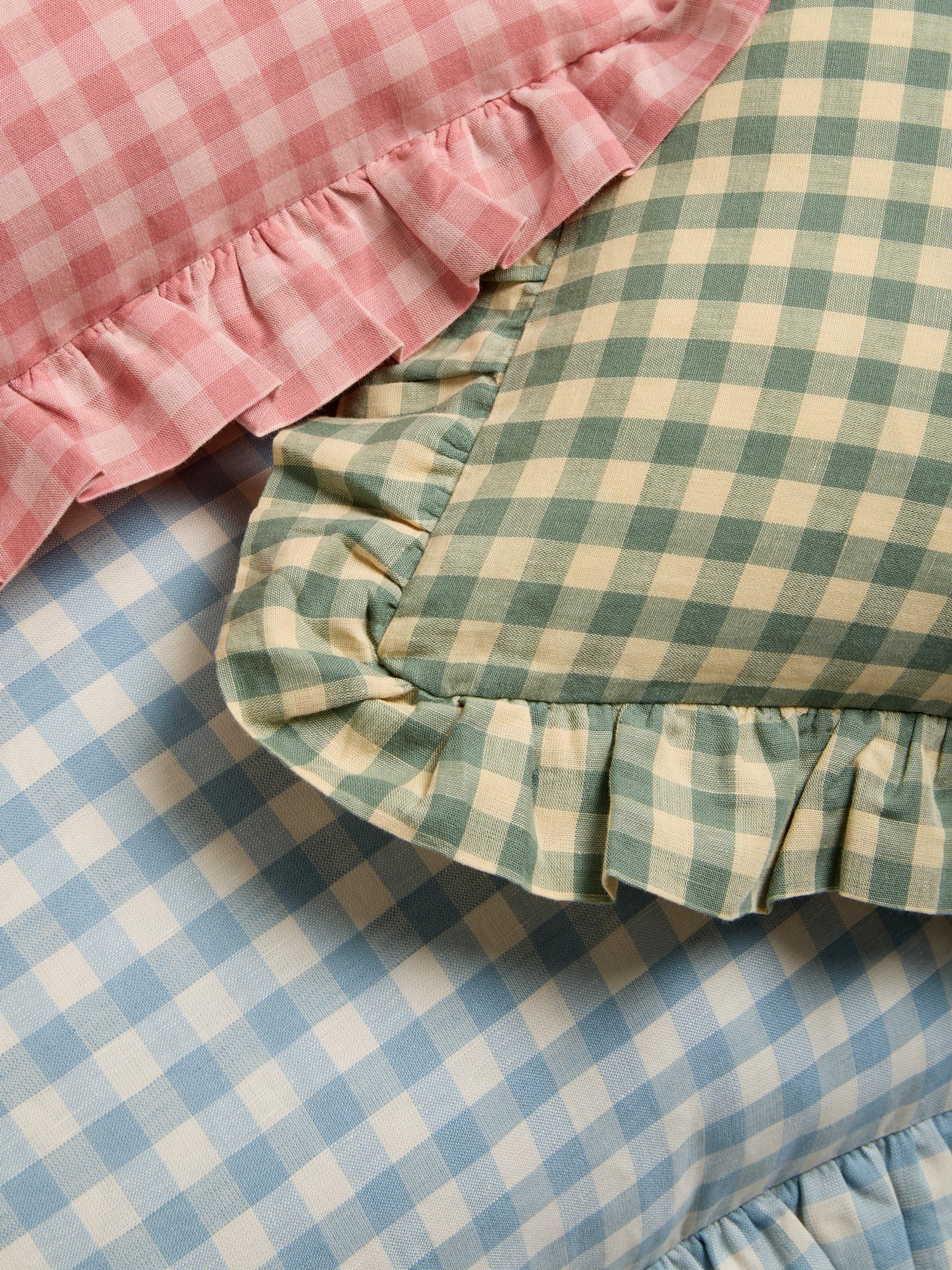 Warm Blue Gingham Frill Linen Blend Filled Cushion - Image 3