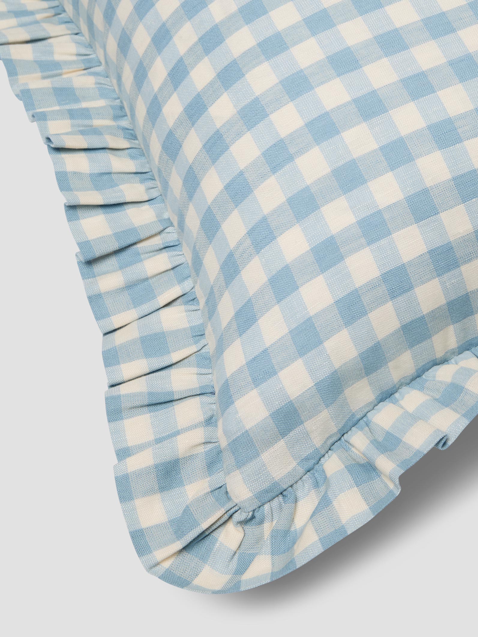 Warm Blue Gingham Frill Linen Blend Filled Cushion - Image 4