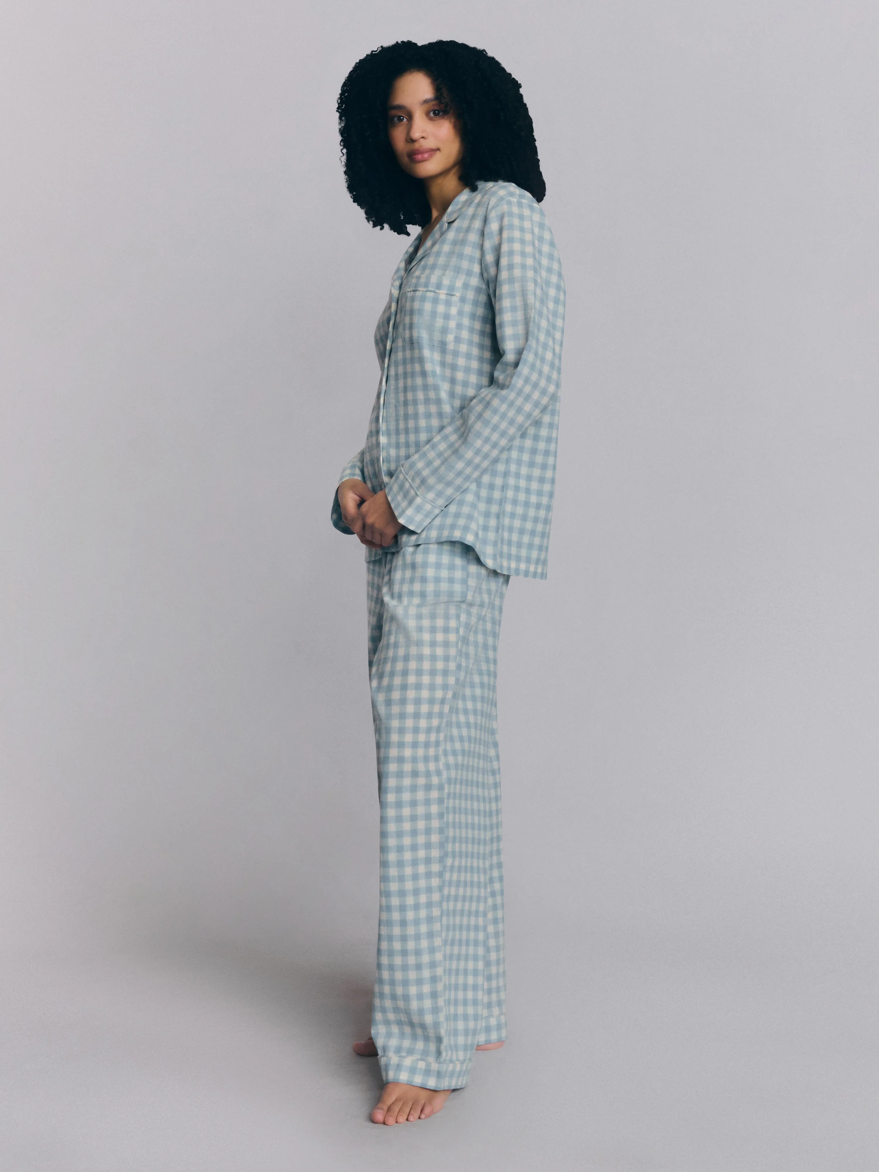 Warm Blue Gingham Linen Blend Pajama Pants Set