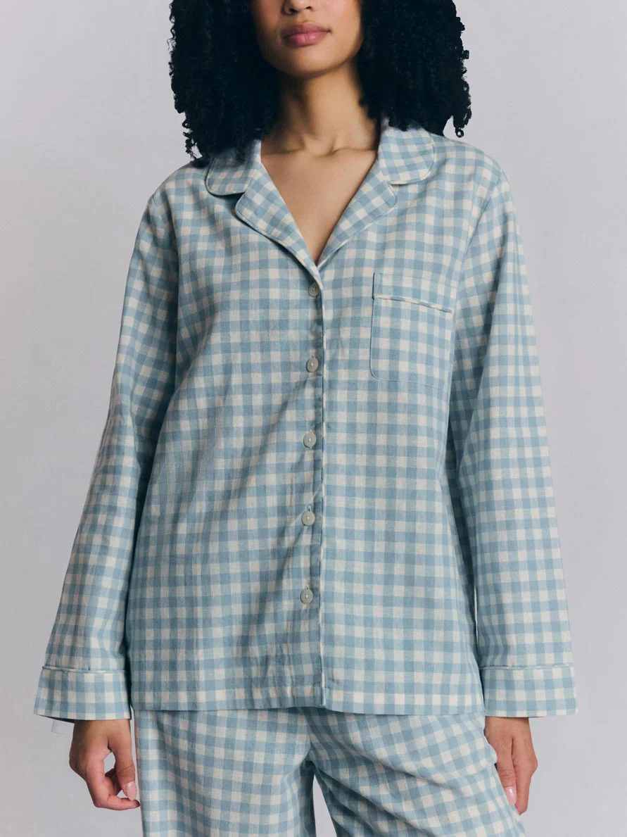 Warm Blue Gingham Linen Blend Pajama Pants Set - Image 2