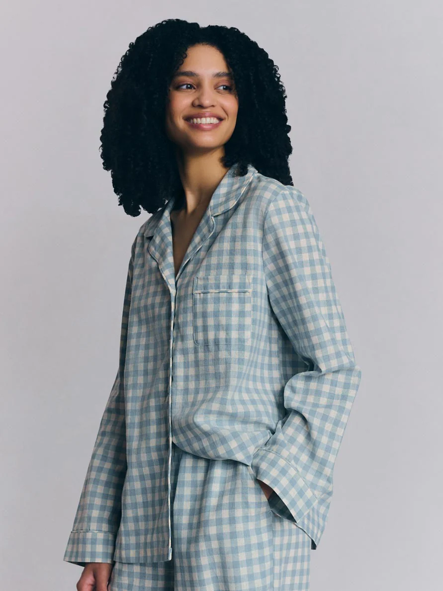 Warm Blue Gingham Linen Blend Pajama Pants Set - Image 3