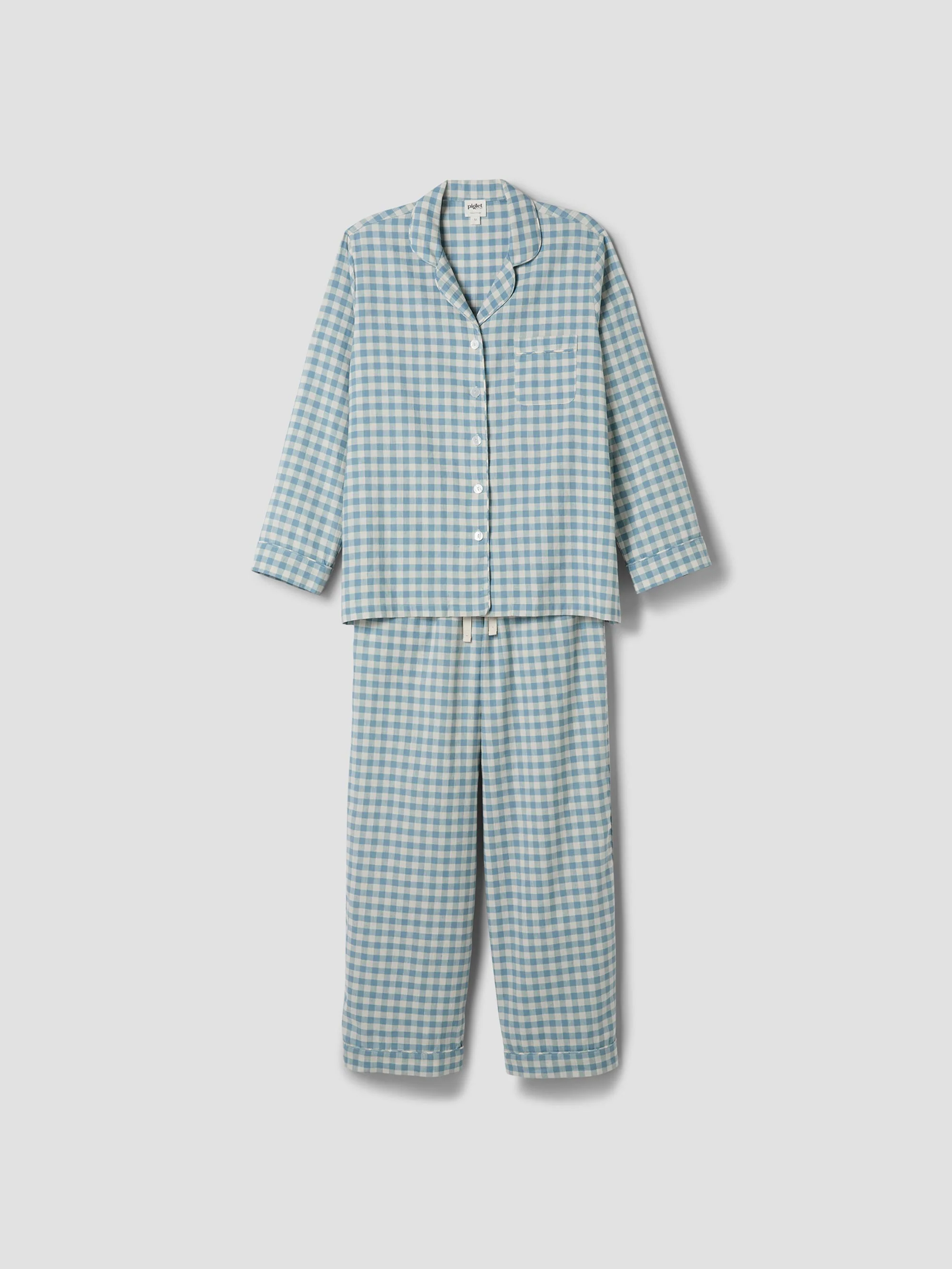 Warm Blue Gingham Linen Blend Pajama Pants Set - Image 4