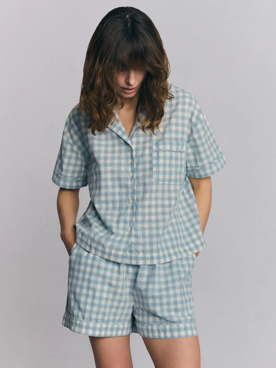 Warm Blue Gingham Linen Blend Pajama Short Set - Image 3