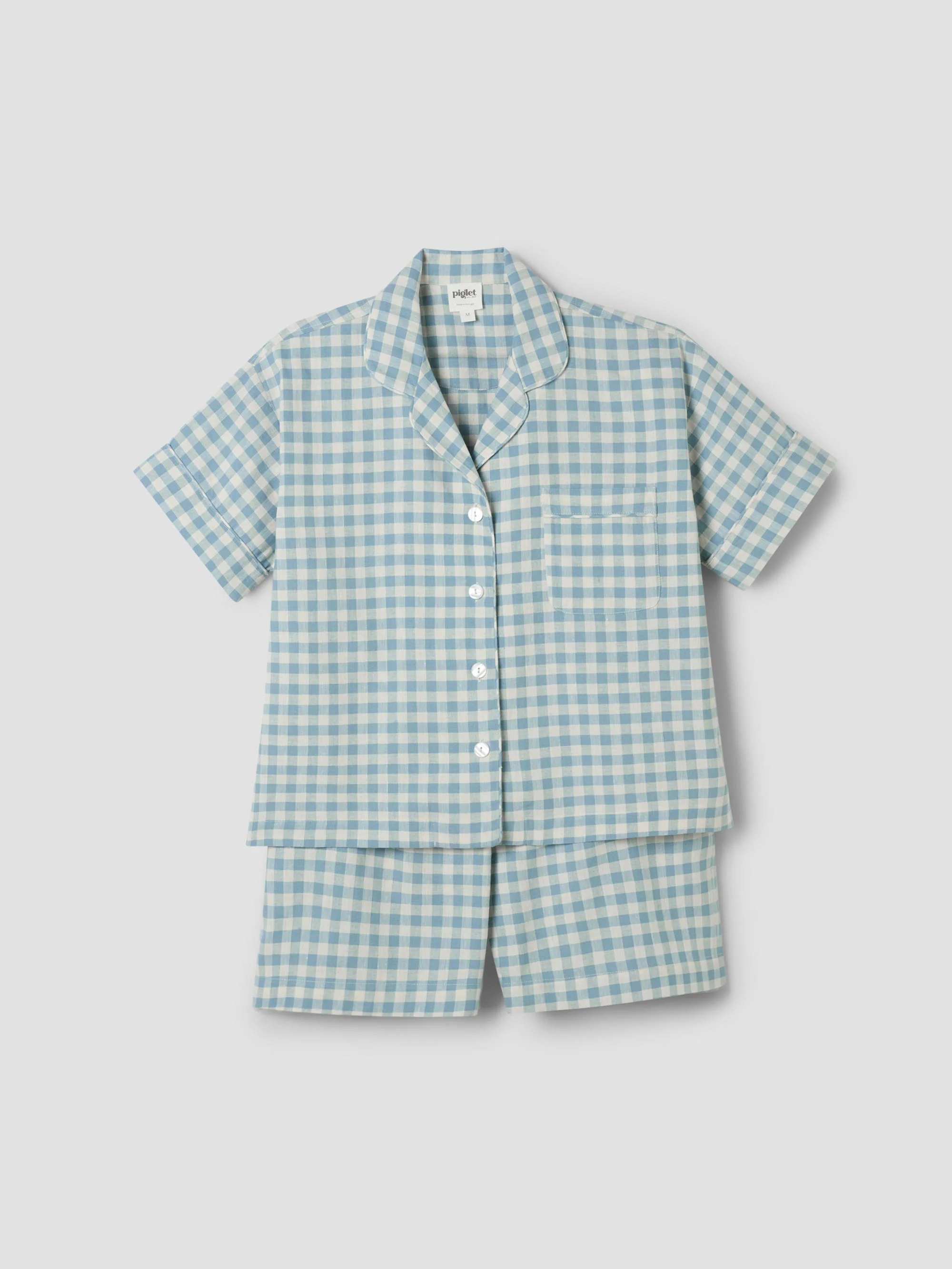 Warm Blue Gingham Linen Blend Pajama Short Set - Image 4