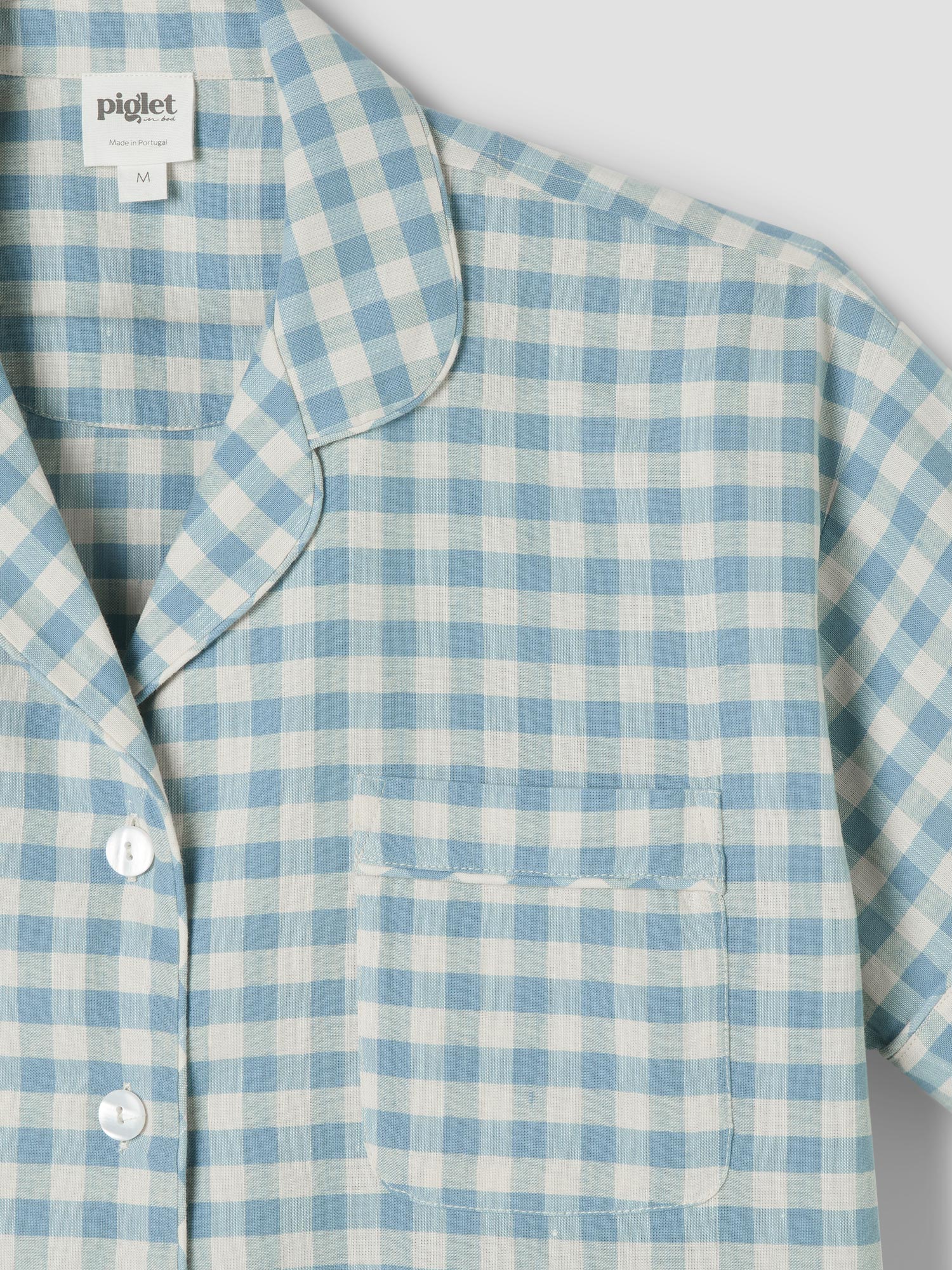 Warm Blue Gingham Linen Blend Pajama Short Set - Image 5