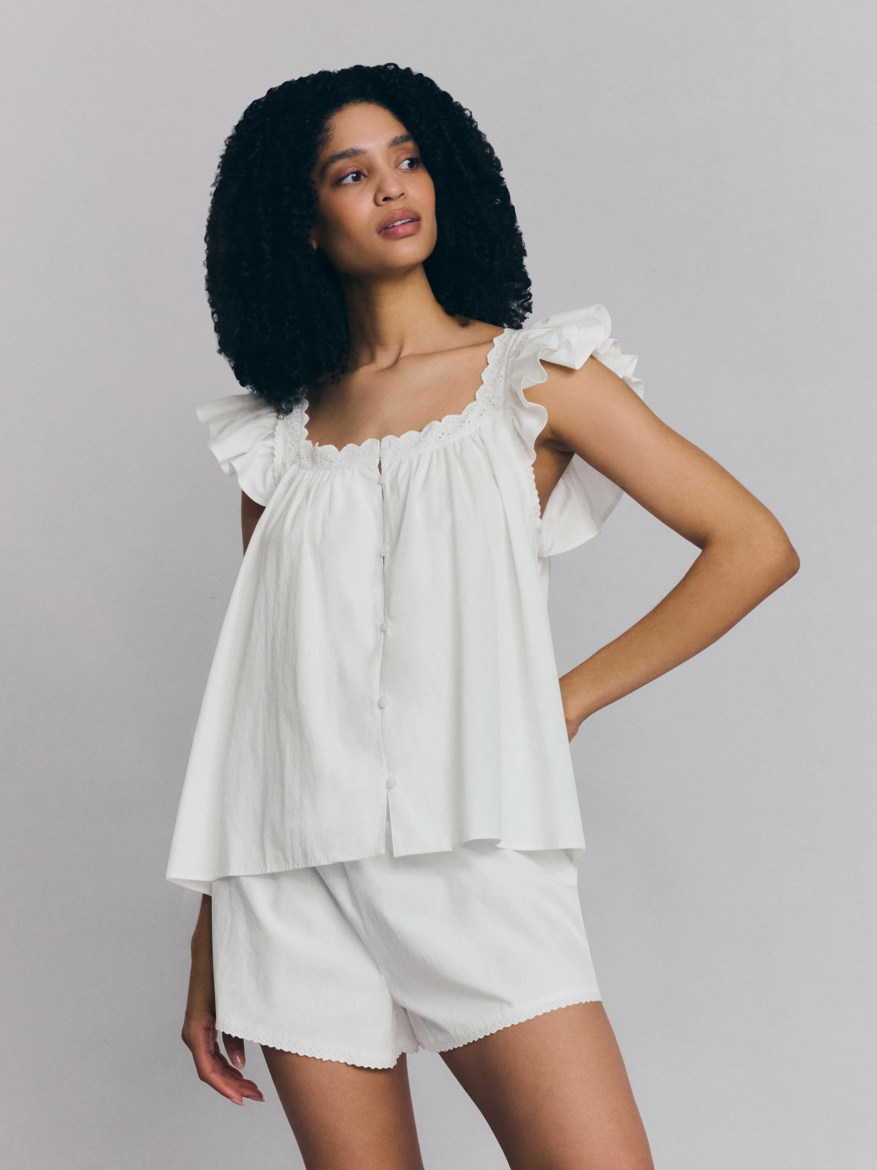 White Embroidered Cotton Frill Cami Shorts Set - Image 3