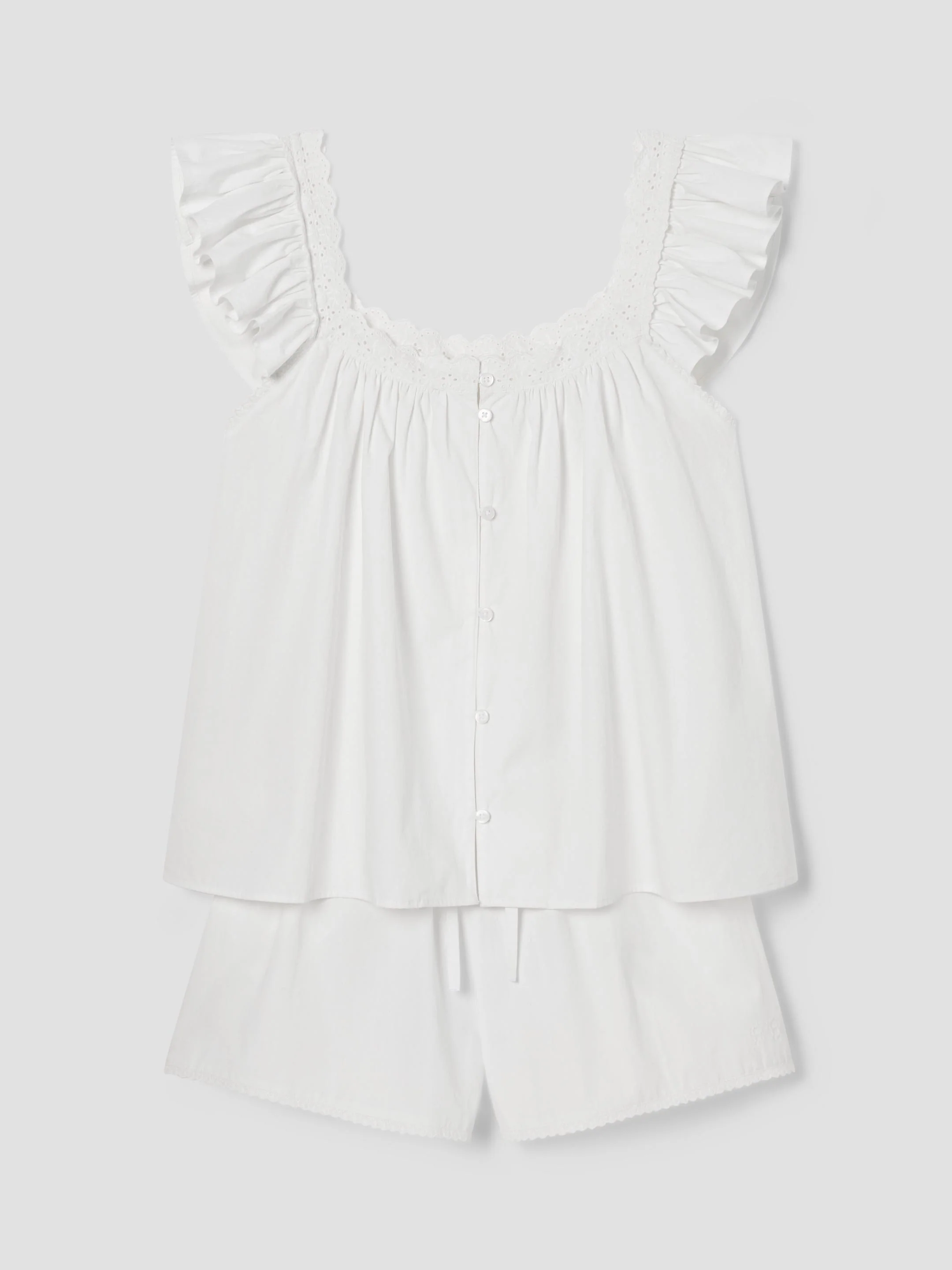 White Embroidered Cotton Frill Cami Shorts Set - Image 4