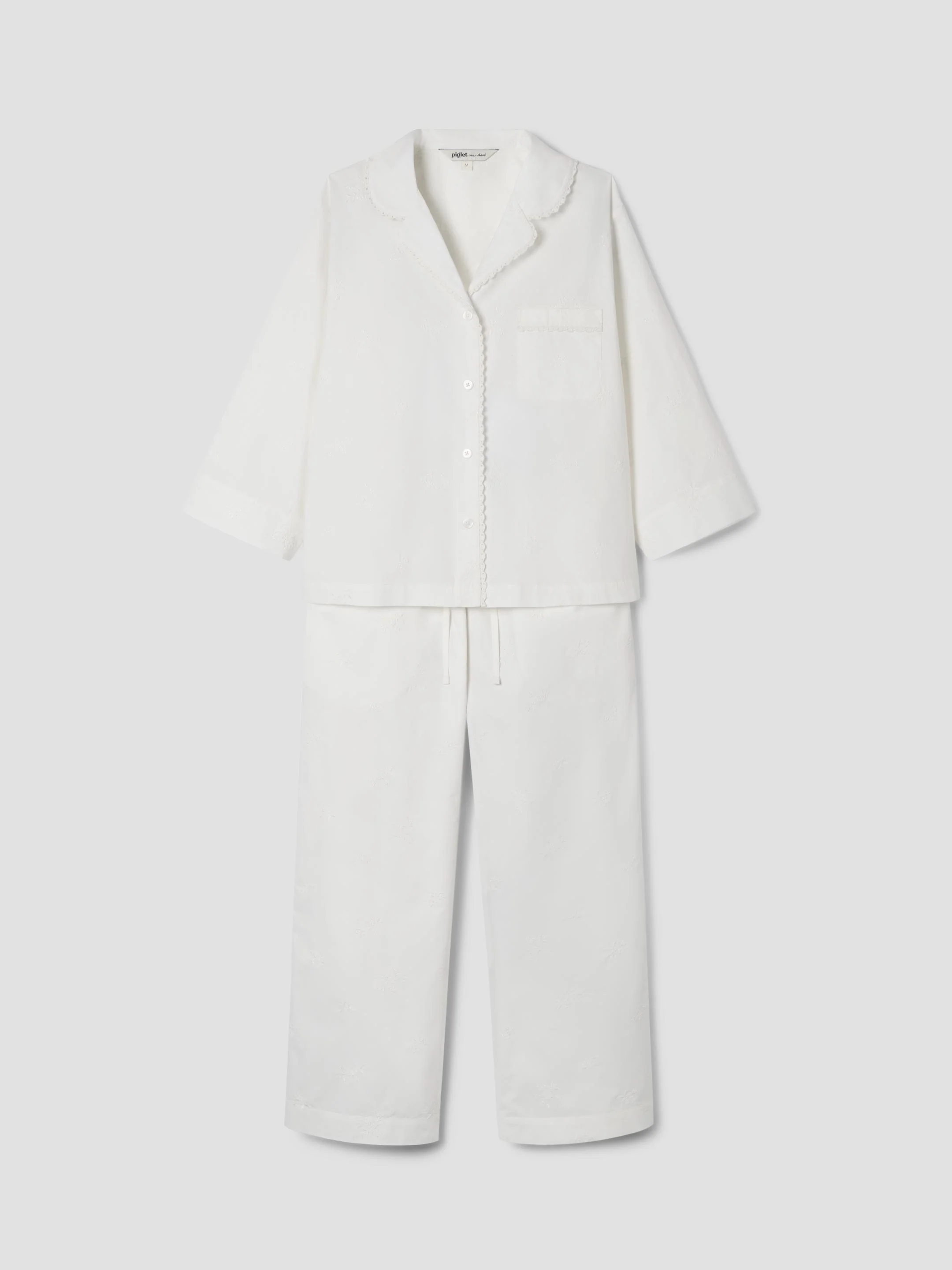 White Floral Embroidered Cotton Cropped Pants Set - Image 4